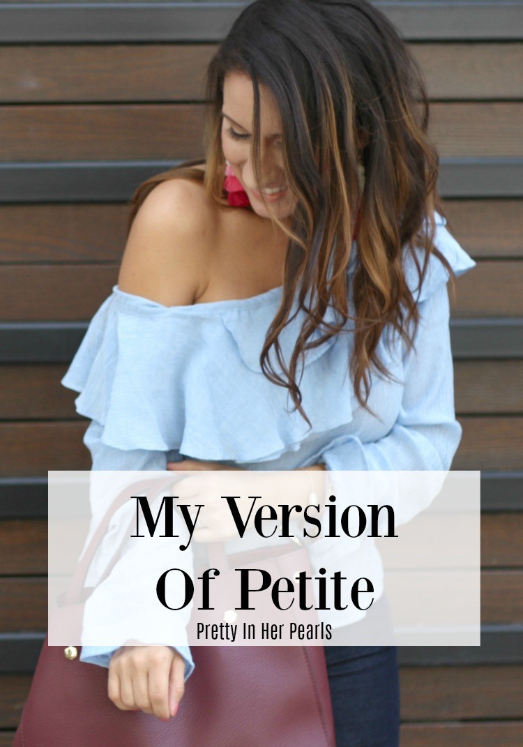 My Version Of Petite, Ruffle One-Shoulder Top, skinny jeans, heels, and tassel earrings, Pretty In Her Pearls, Houston Blogger, Petite Blogger, #Nordstrom #Socialite #articlesofsociety #bellsleeves #baublebar #petiteblogger