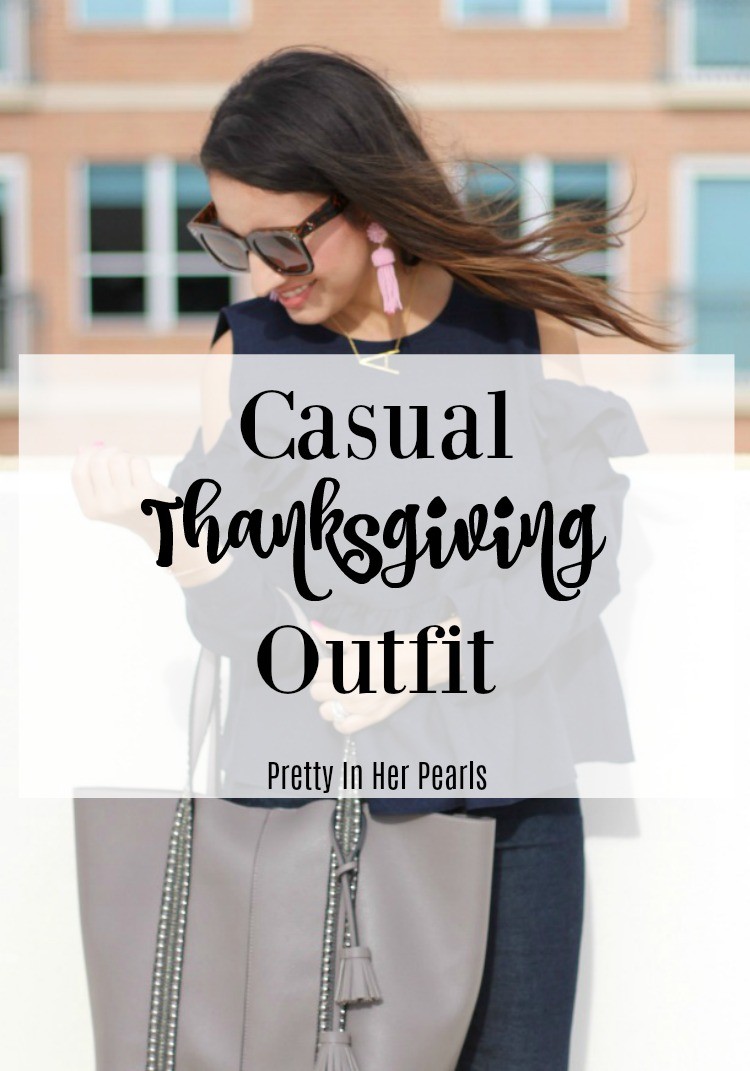 Casual Thanksgiving Outfit, Ruffle cold shoulder top, skinny jeans, and nude booties, Pretty In Her Pearls, Houston Blogger, Petite Blogger