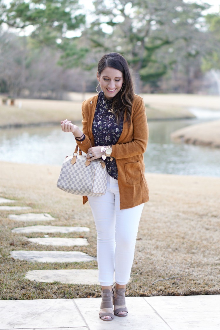 What to wear to a baby shower, Cardigan and the perfect navy blouse, must have white denim, Pretty In Her Pearls, Houston Blogger, Mom Blogger