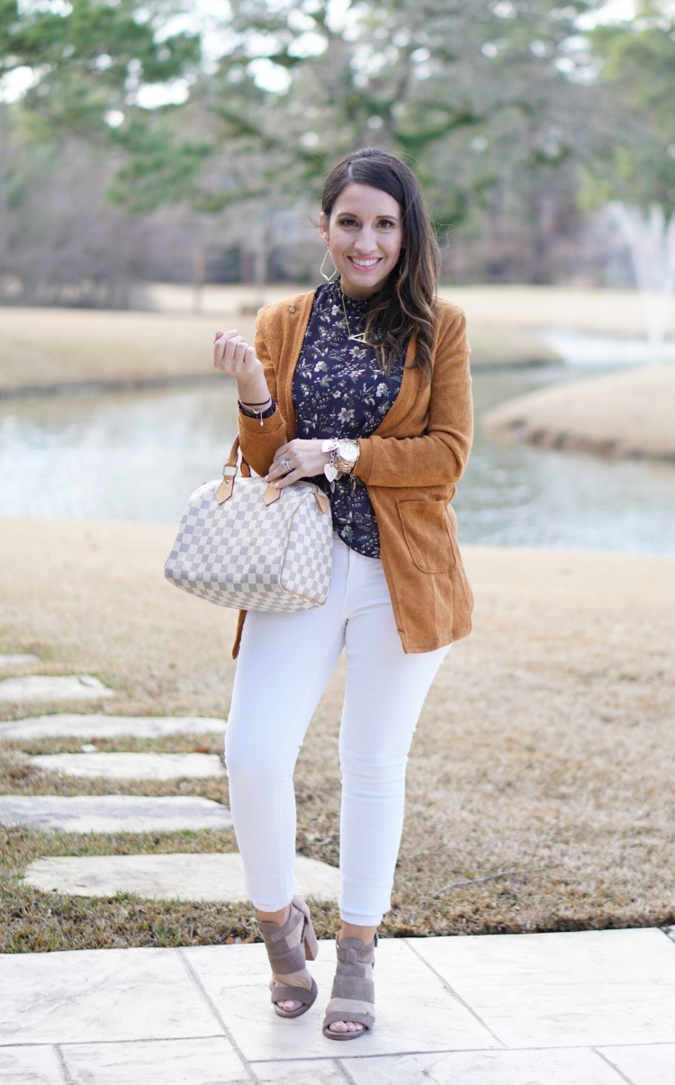 What to wear to a baby shower, Cardigan and the perfect navy blouse, must have white denim, Pretty In Her Pearls, Houston Blogger, Mom Blogger