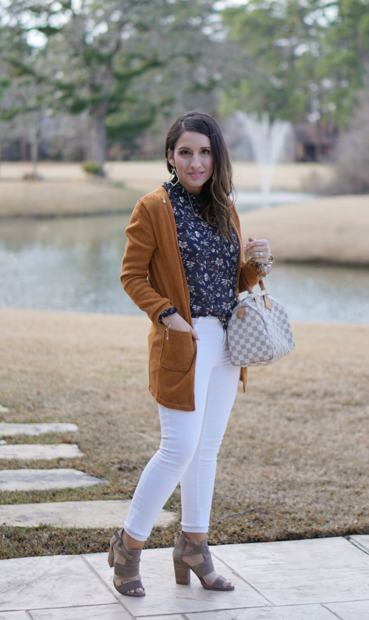 What to wear to a baby shower, Cardigan and the perfect navy blouse, must have white denim, Pretty In Her Pearls, Houston Blogger, Mom Blogger