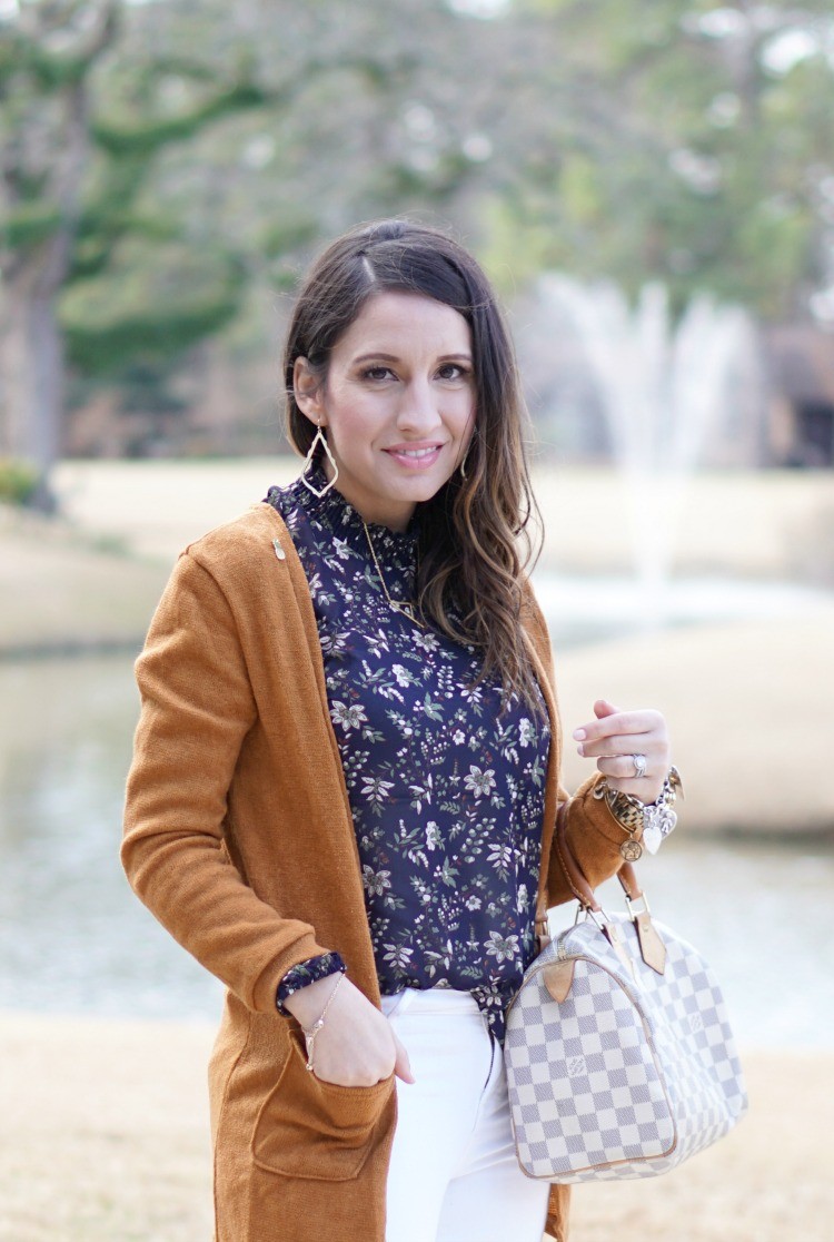 What to wear to a baby shower, Cardigan and the perfect navy blouse, must have white denim, Pretty In Her Pearls, Houston Blogger, Mom Blogger