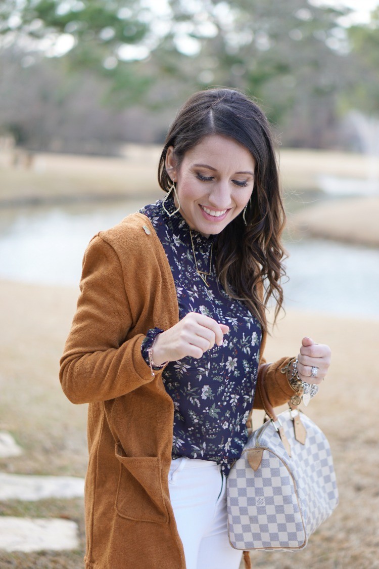 What to wear to a baby shower, Cardigan and the perfect navy blouse, must have white denim, Pretty In Her Pearls, Houston Blogger, Mom Blogger