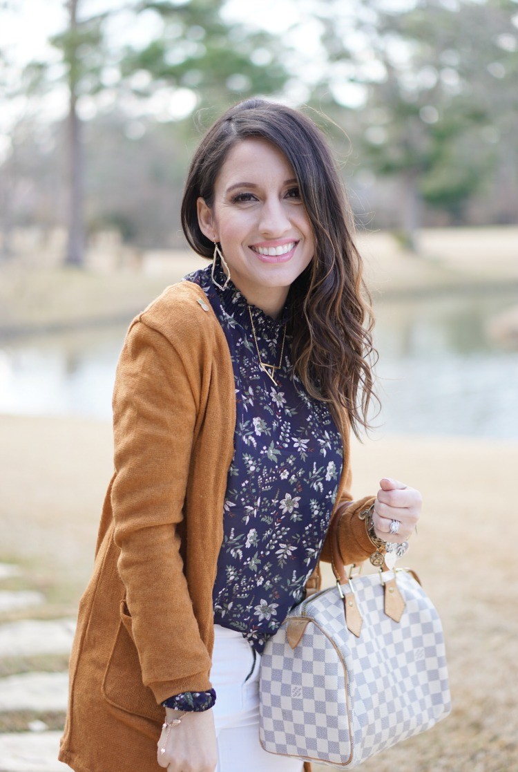 What to wear to a baby shower, Cardigan and the perfect navy blouse, must have white denim, Pretty In Her Pearls, Houston Blogger, Mom Blogger