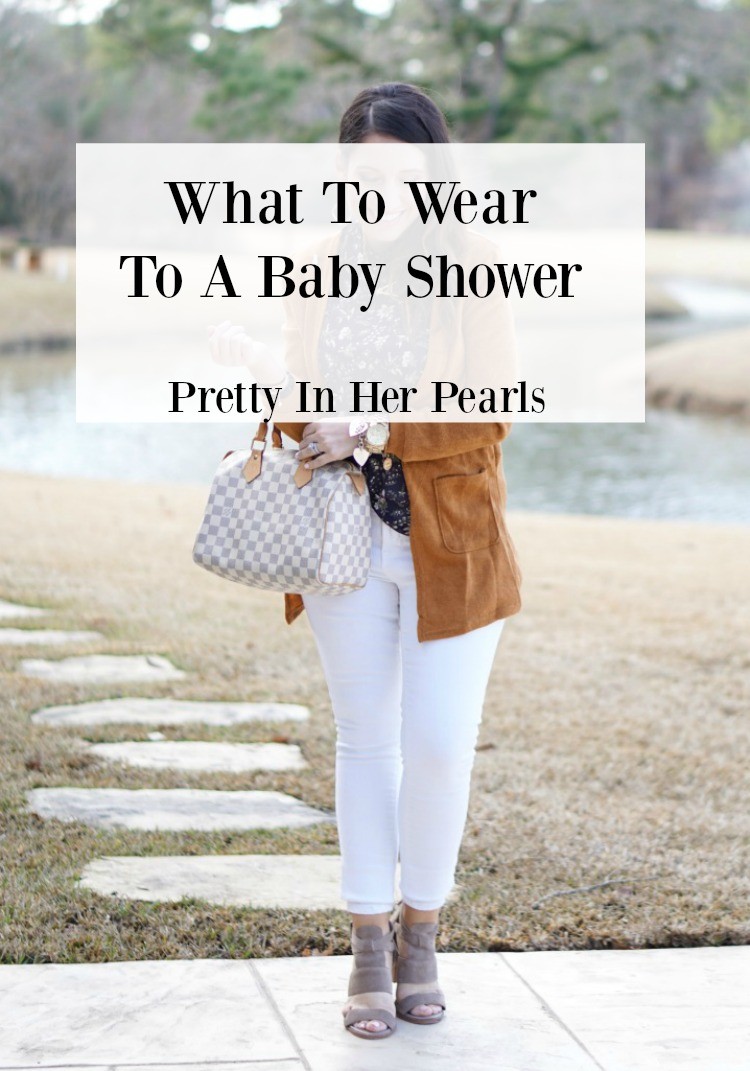 What to wear to a baby shower, Cardigan and the perfect navy blouse, must have white denim, Pretty In Her Pearls, Houston Blogger, Mom Blogger