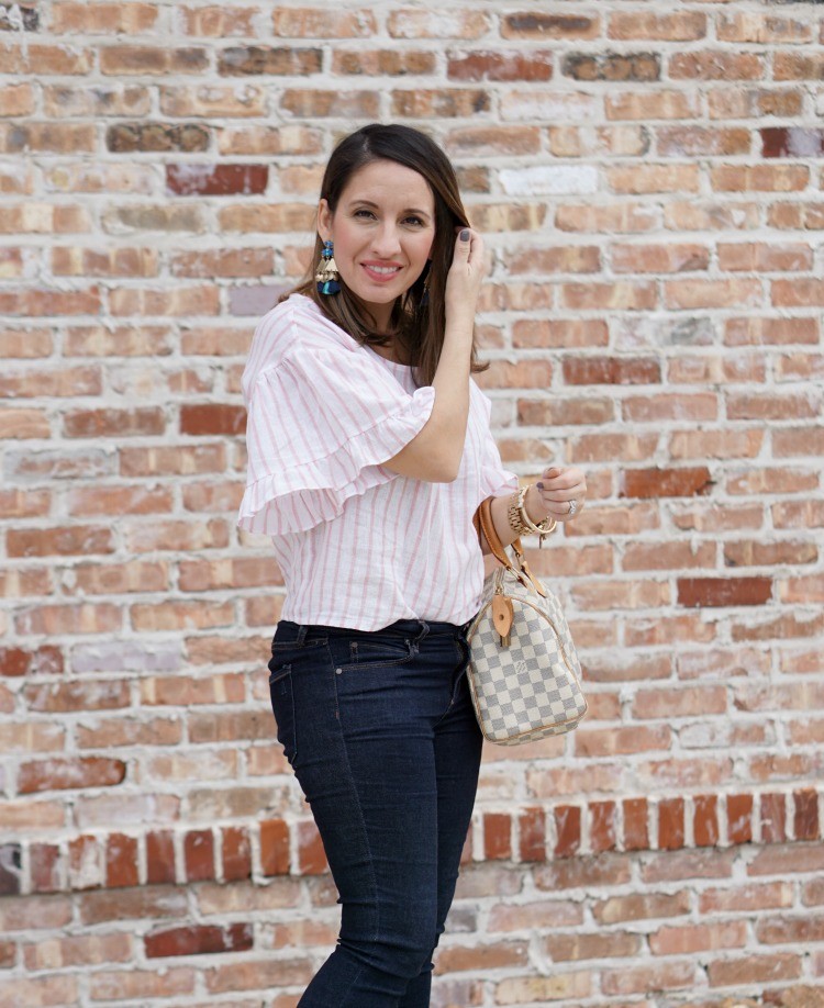 Statement earrings, BP Top, Articles of Society jeans, and sandals, Pretty In Her Pearls, Houston Blogger, Mom Blogger, Spring Fashion, 