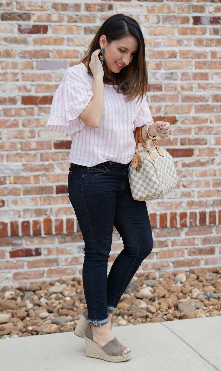 Statement earrings, BP Top, Articles of Society jeans, and sandals, Pretty In Her Pearls, Houston Blogger, Mom Blogger, Spring Fashion, 