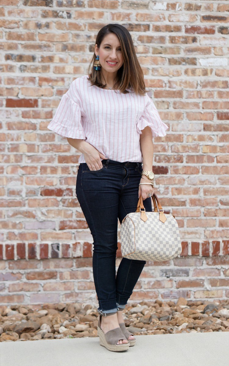 Statement earrings, BP Top, Articles of Society jeans, and sandals, Pretty In Her Pearls, Houston Blogger, Mom Blogger, Spring Fashion, 