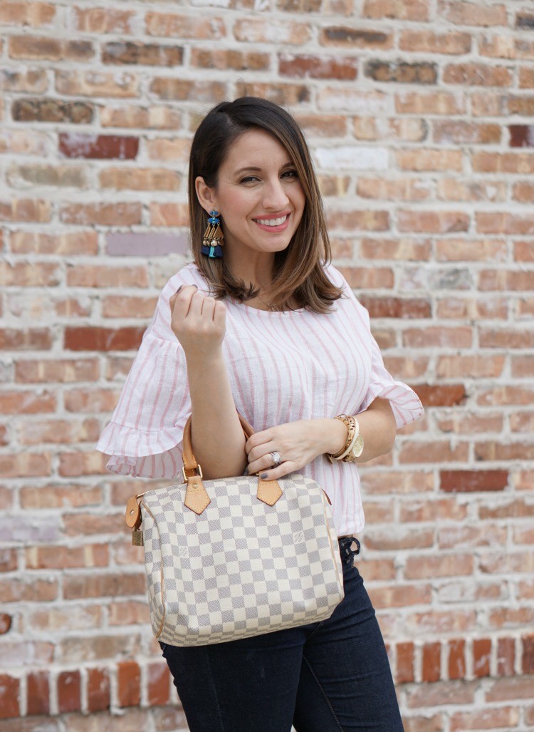 Statement earrings, BP Top, Articles of Society jeans, and sandals, Pretty In Her Pearls, Houston Blogger, Mom Blogger, Spring Fashion, 