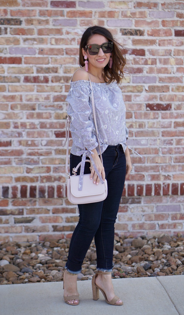 Blue and White off the shoulder top, skinny jeans, and heels, Pretty In Her Pearls, Socialite Top, Petite blogger, Petite Fashion, Houston Blogger, Romwe, 