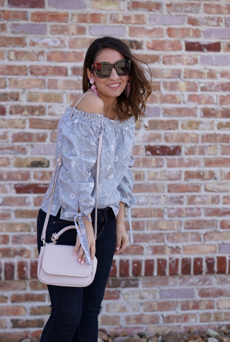 Blue and White off the shoulder top, skinny jeans, and heels, Pretty In Her Pearls, Socialite Top, Petite blogger, Petite Fashion, Houston Blogger, Romwe, 