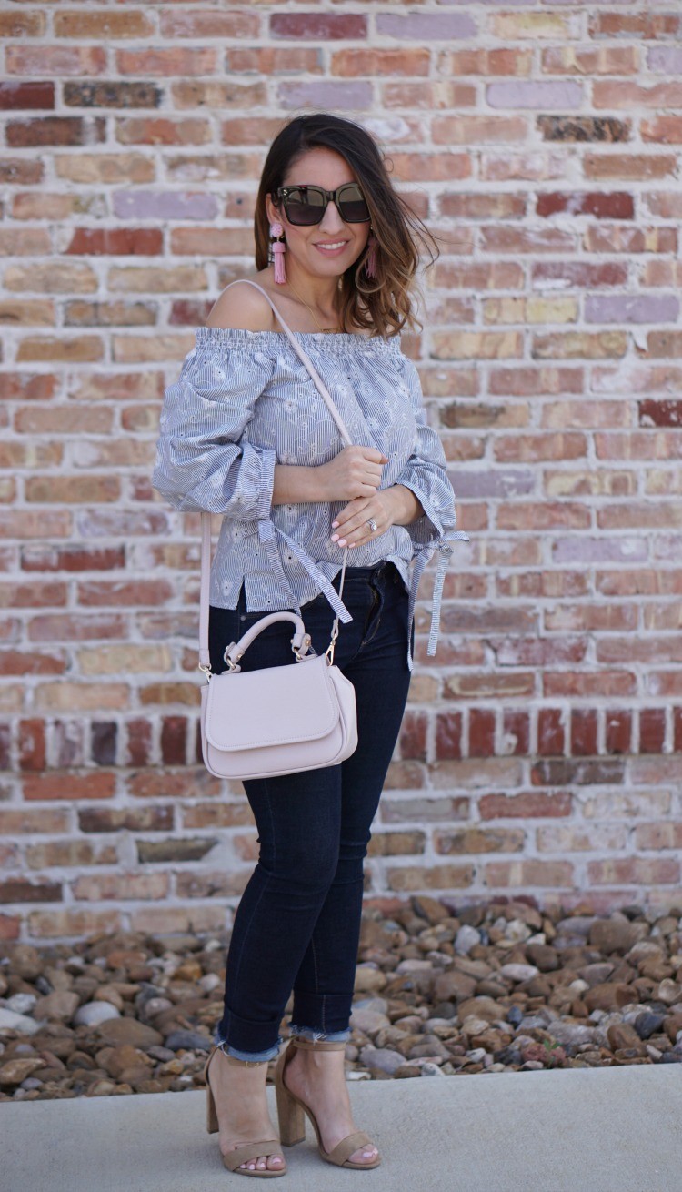 Blue and White off the shoulder top, skinny jeans, and heels, Pretty In Her Pearls, Socialite Top, Petite blogger, Petite Fashion, Houston Blogger, Romwe, 