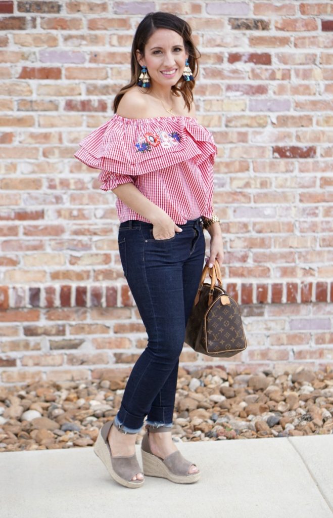 Red Ruffle Gingham Top + Floral Embroidery - Pretty In Her Pearls