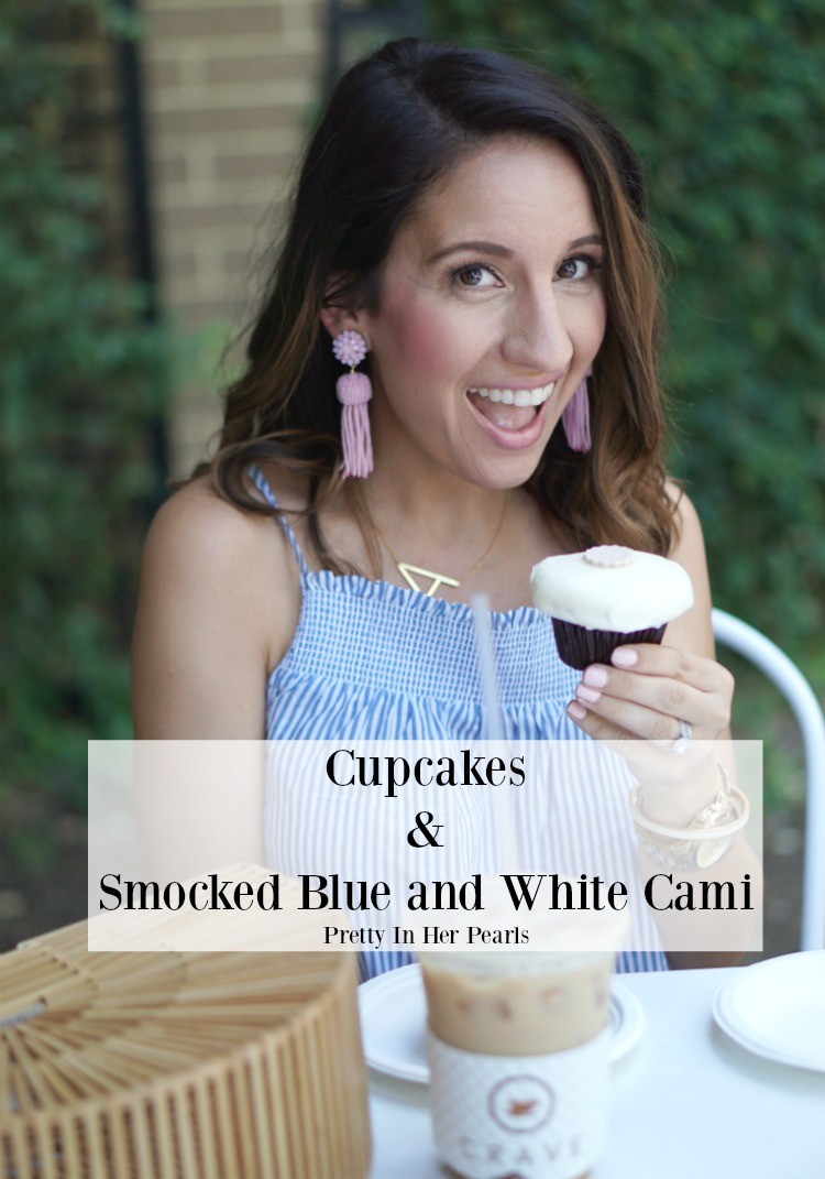 Cupcakes & Smocked Blue and White Cami and distressed jeans, Pretty In Her Pearls, Petite Blogger, Old Navy, Petite Fashion