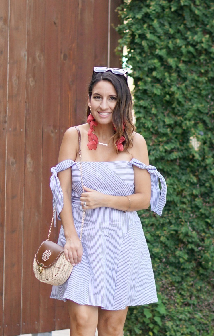 Bardot Blue and White Fit and Flare Dress, Stella + Ruby Earrings
