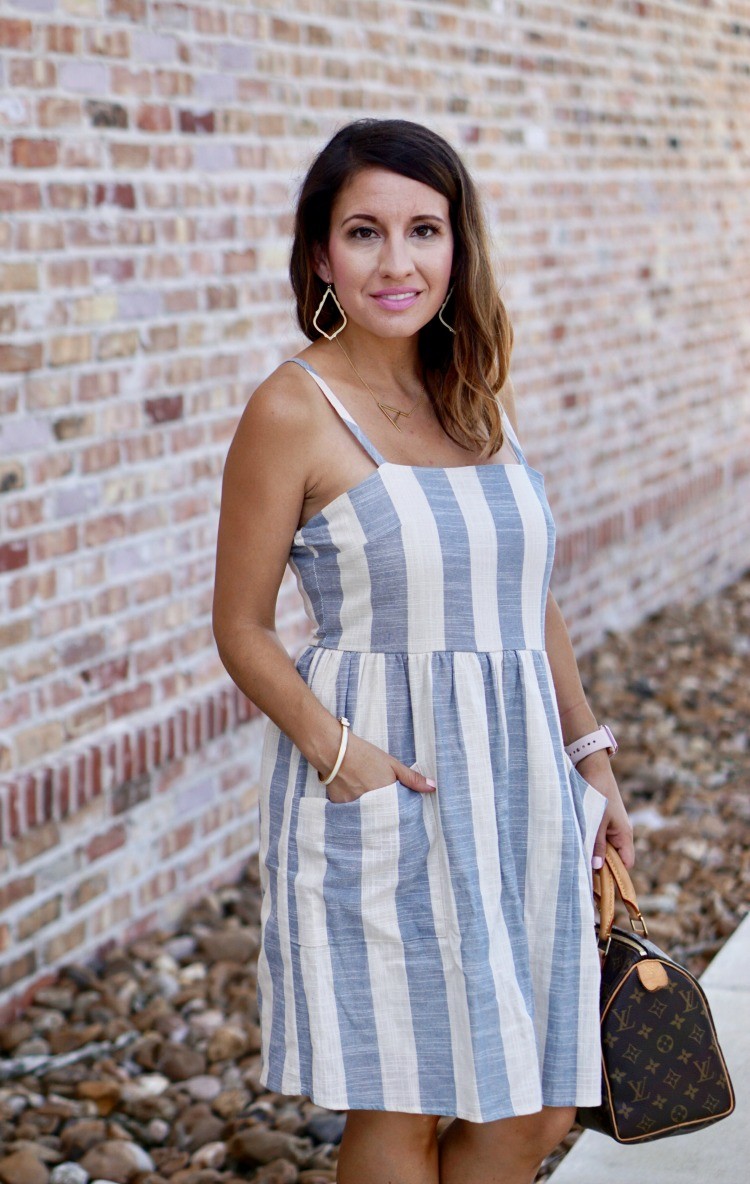 Blue and White Striped Dress and Kendra Scott Earrings