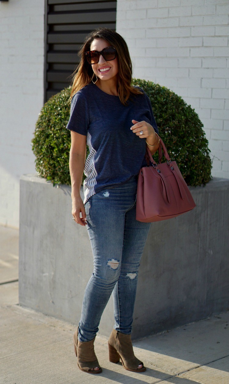 Vince Camuto Tee, Articles of Society Jeans, Urban Expressions Handbag, and nude shoes