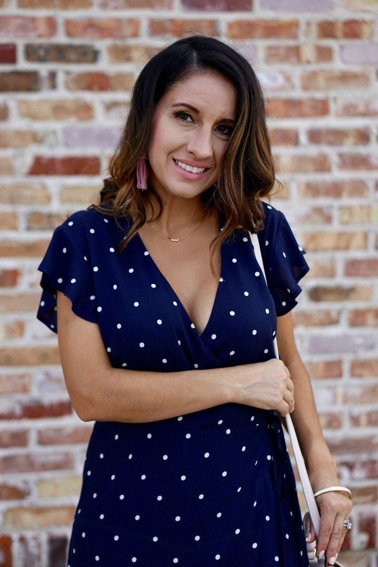 Blue and White Wrap Dress and delicate necklace