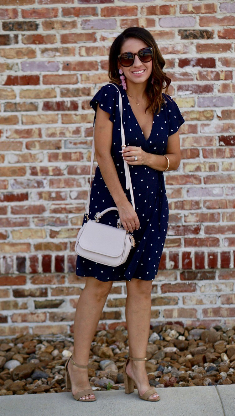 Blue and white wrap dress and nude heels