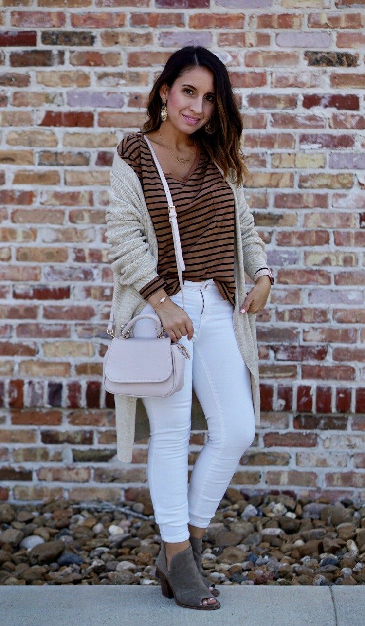 Lisi Lerch statement earrings, and the perfect lip color, Cardigan, striped top, white jeans, Casual cute ootd, Petite Outfit, Pretty In Her Pearls