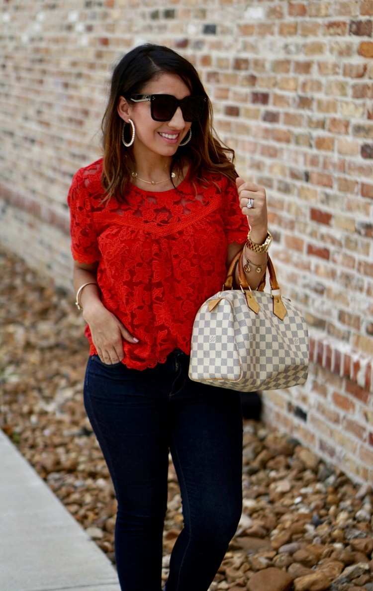 Cute red top and skinny jeans