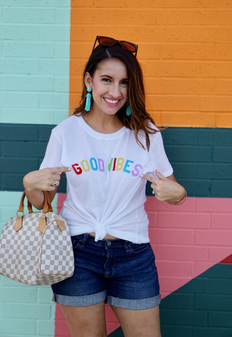 Good Vibes tee and turquiouse earrings