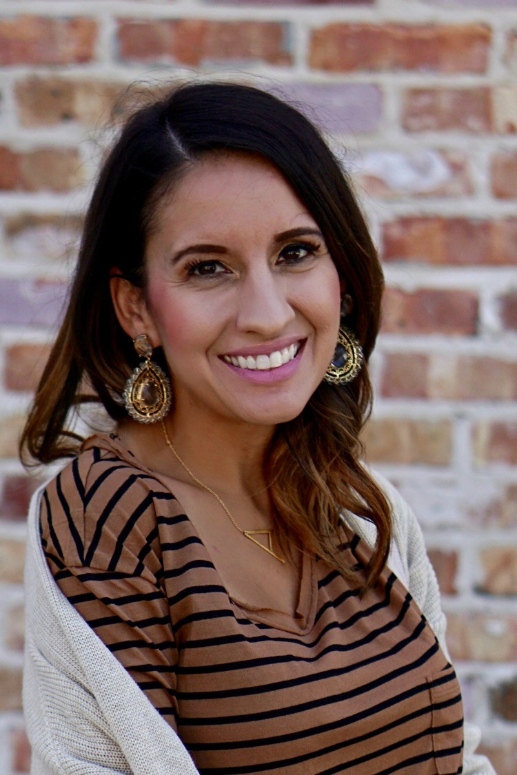 Lisi Lerch statement earrings, and the perfect lip color, Cardigan, striped top, white jeans, Casual cute ootd, Petite Outfit, Pretty In Her Pearls