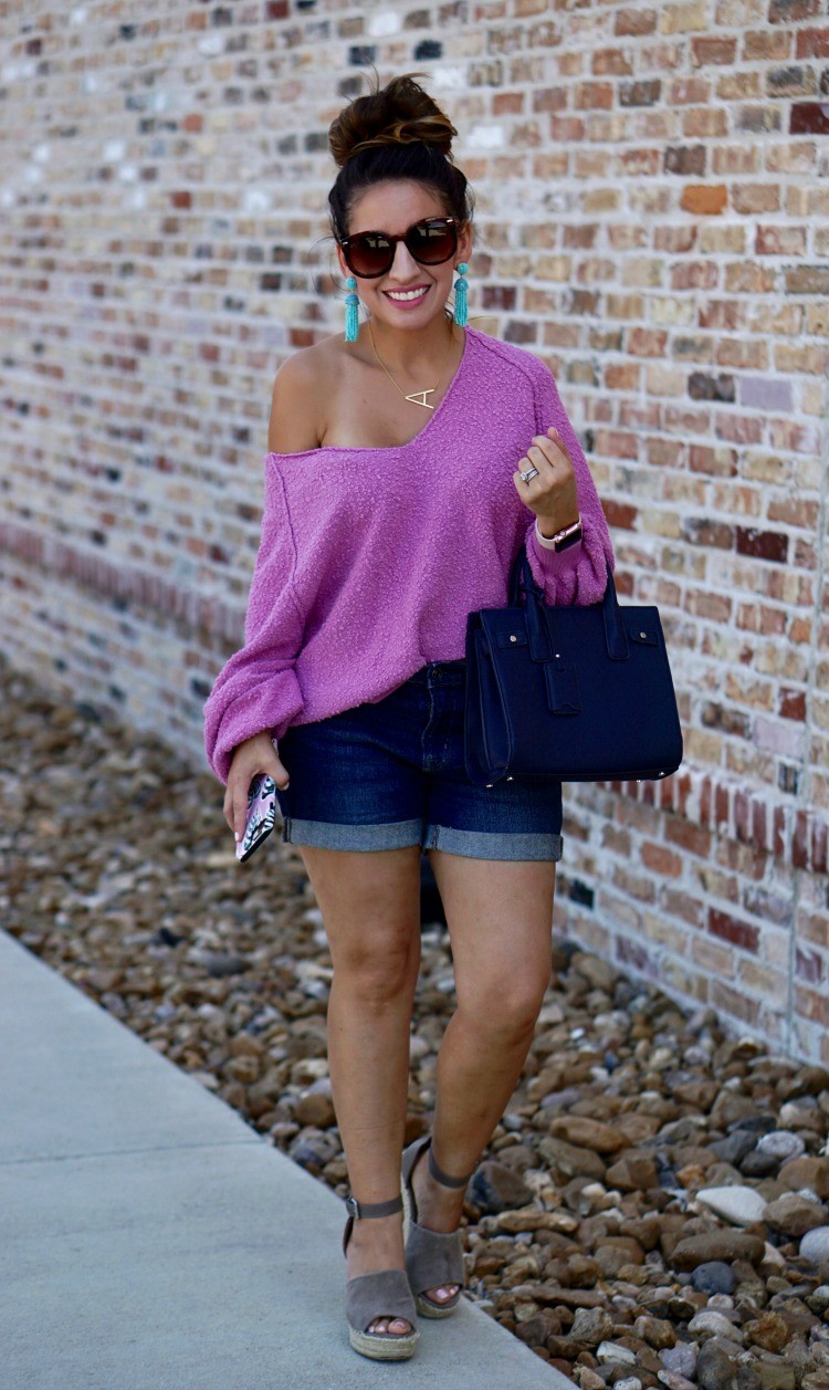 Slouchy drop shoulder sweater, shorts, and wedge sandals