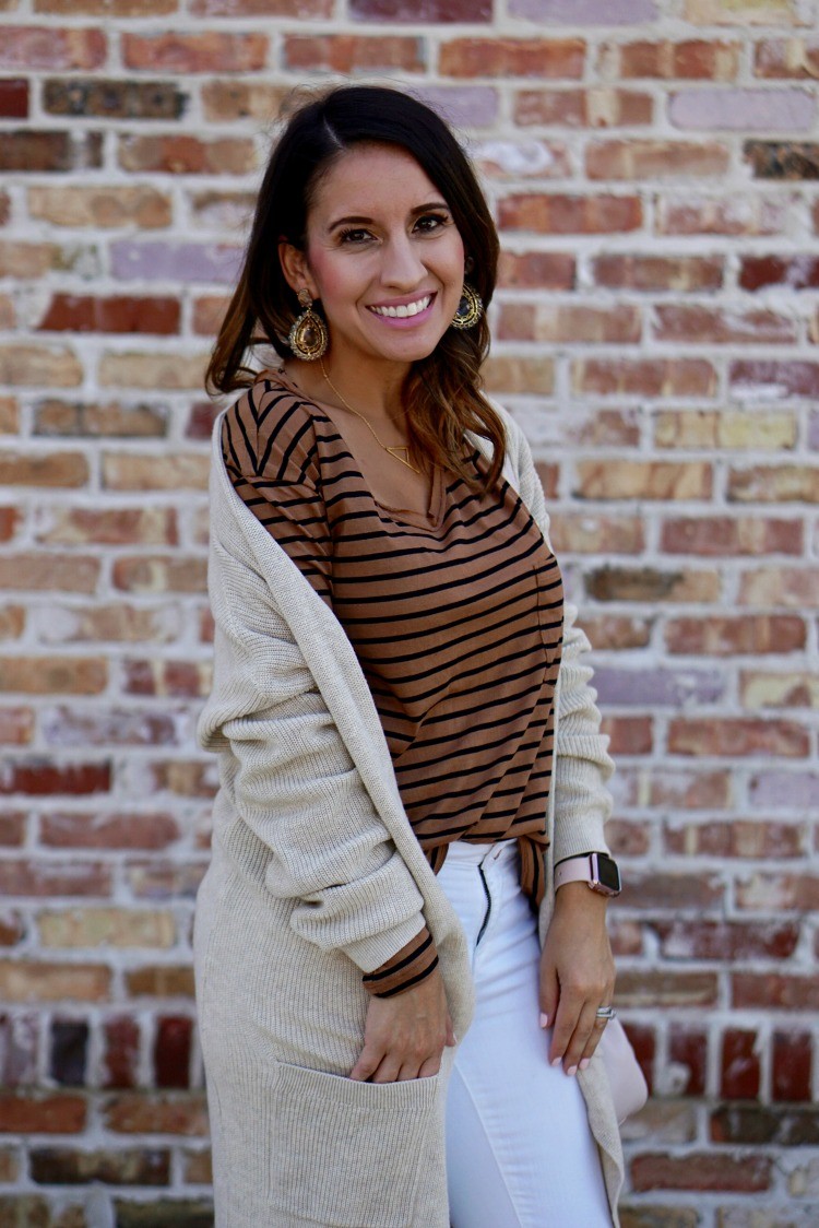 Statement earrings, cardigan, cute tee, and jeans, Lisi Lerch statement earrings, and the perfect lip color, Cardigan, striped top, white jeans, Casual cute ootd, Petite Outfit, Pretty In Her Pearls