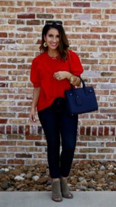 The sweetest red top and dark skinny jeans