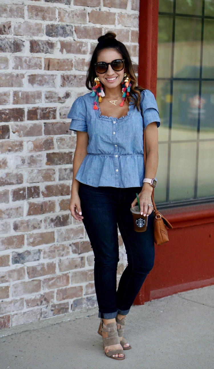 Chambray Ruffle Sleeve Peplum Top, dark skinny jeans and statement earrings