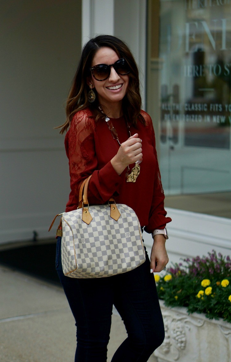 Lace inset blouse and Louis Vuitton Speedy bag