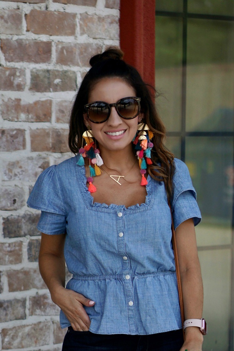 Stella and Ruby Statement earrings, chambray peplum top, and the half up topknot