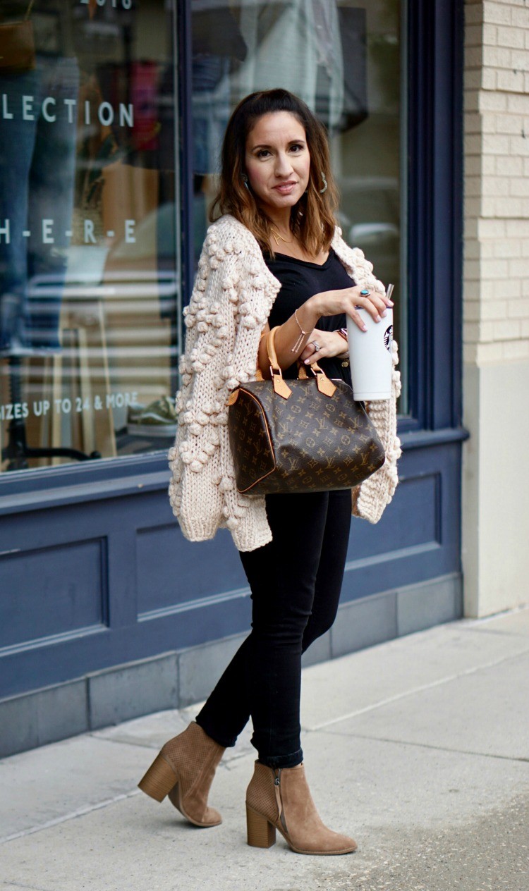 All black OOTD, Chicwish cardigan, and nude booties