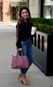 Lace inset blouse, light washed skinny jeans, and nude heels