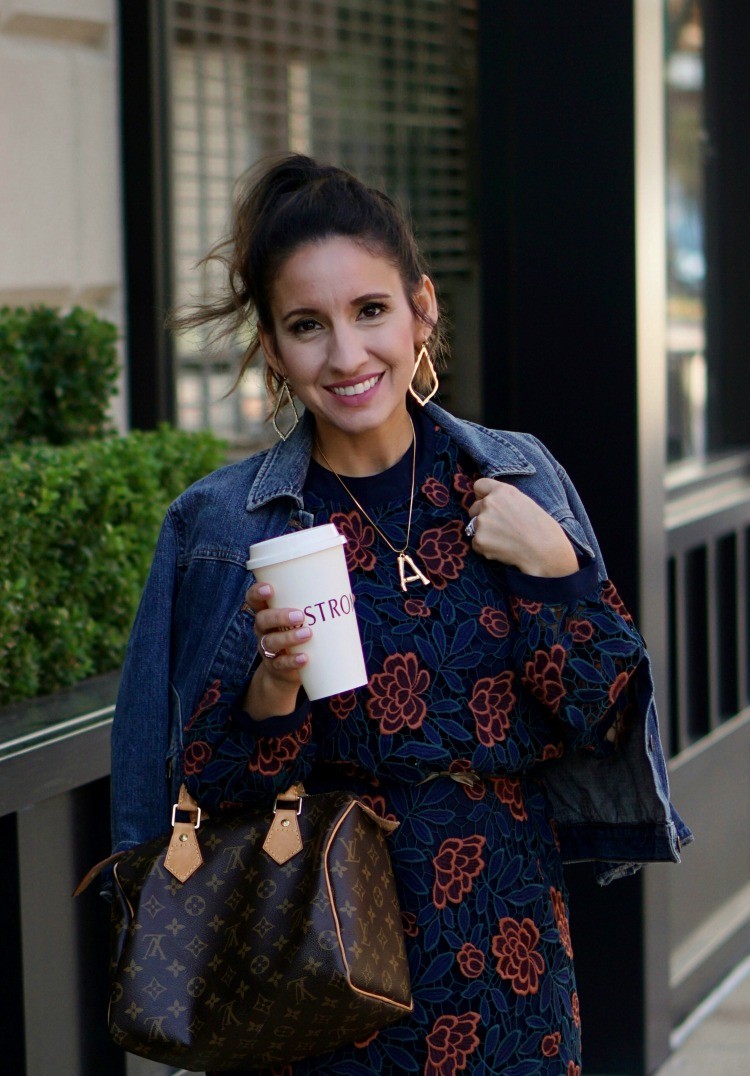 Jean jacket, floral dress, and Louis Vuitton handbag