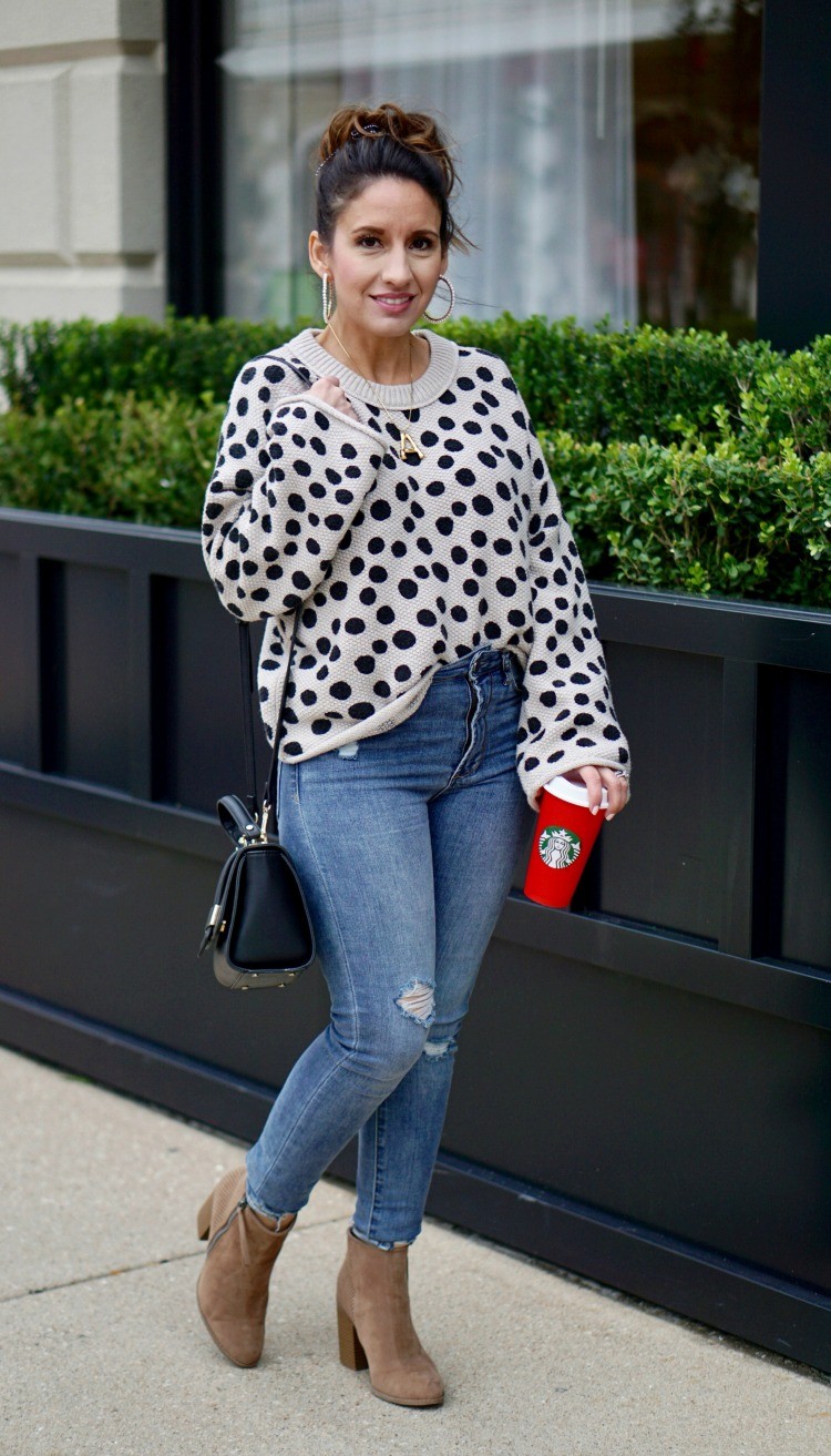 Leopard Dot Madewell Sweater, Skinny jeans, booties, and starbucks