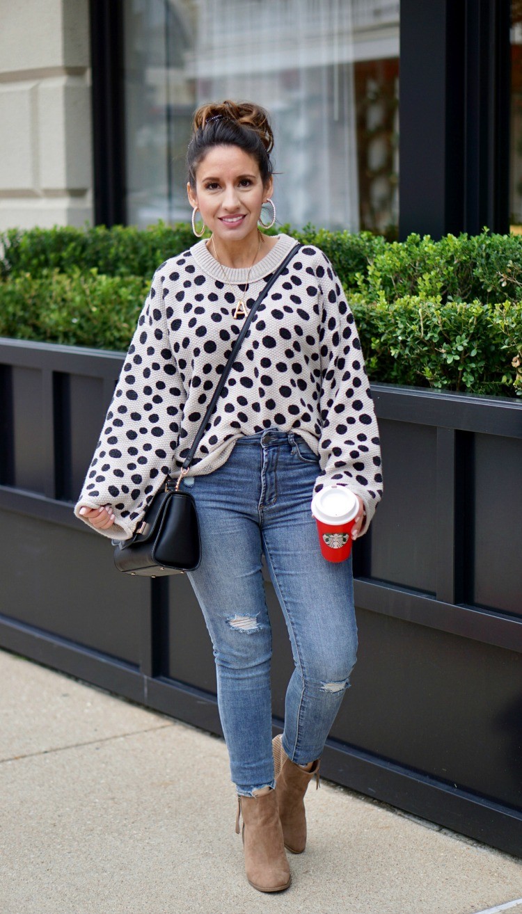 Leopard Dot Sweater, skinny jeans, and nude booties
