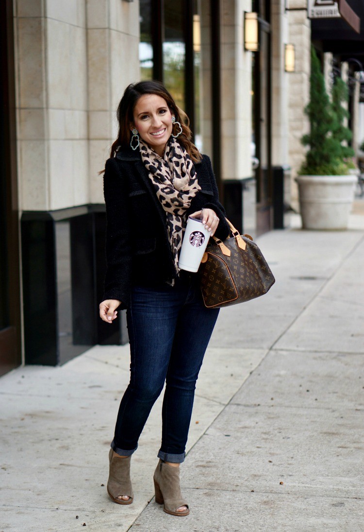 Leopard Print scarf, blazer, and dark skinny jeans