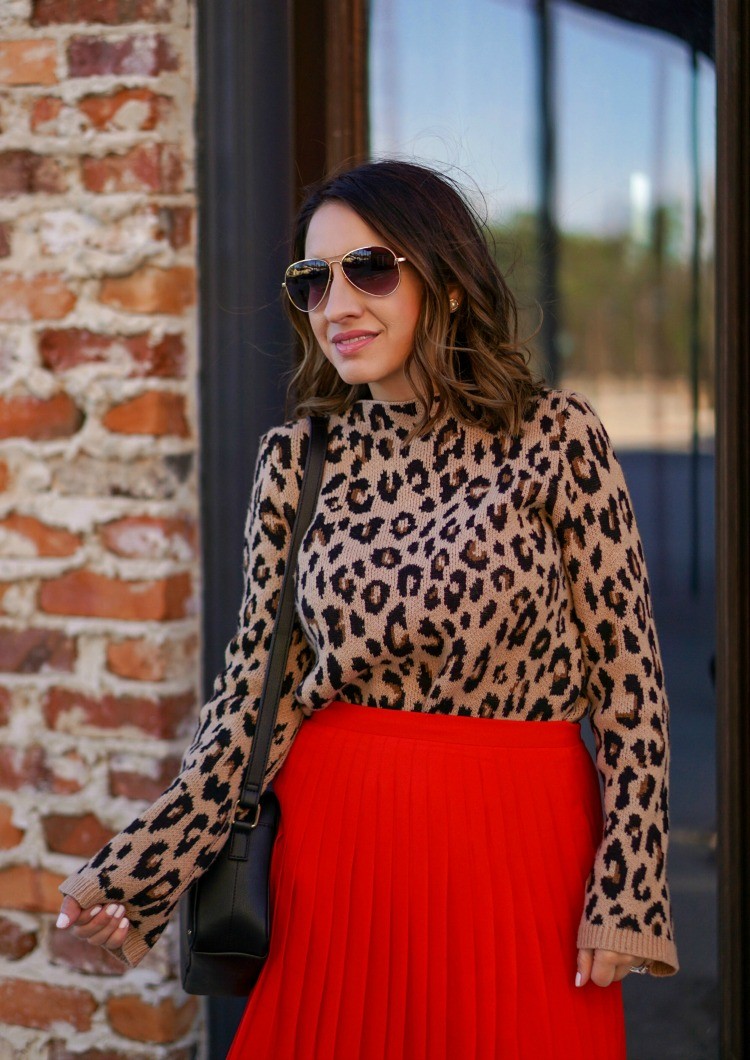 nimal Print Sweater, Pleated Skirt and Aviator Sunglasses