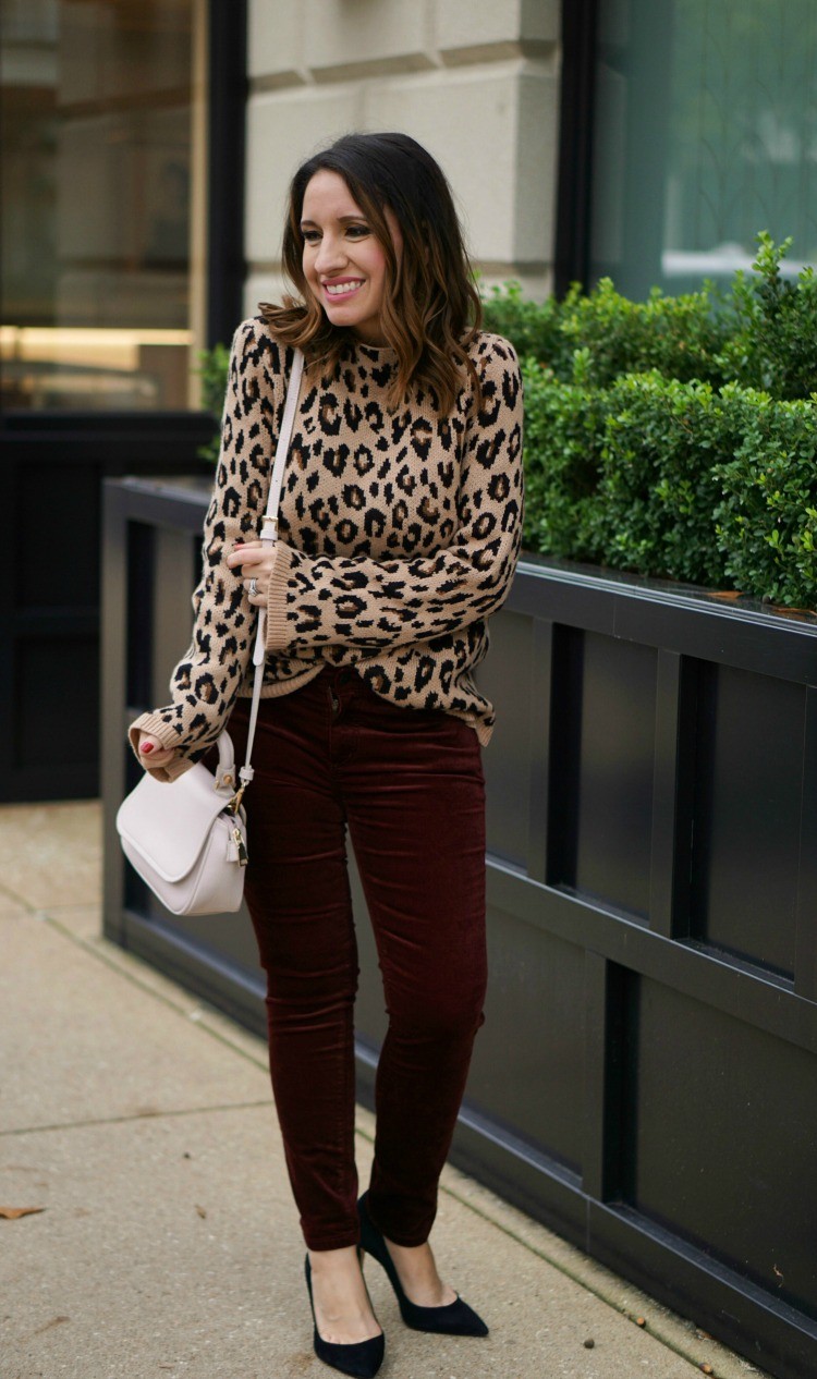 Ann Taylor Cashew Crunch Print sweater, velvet pants and black heels