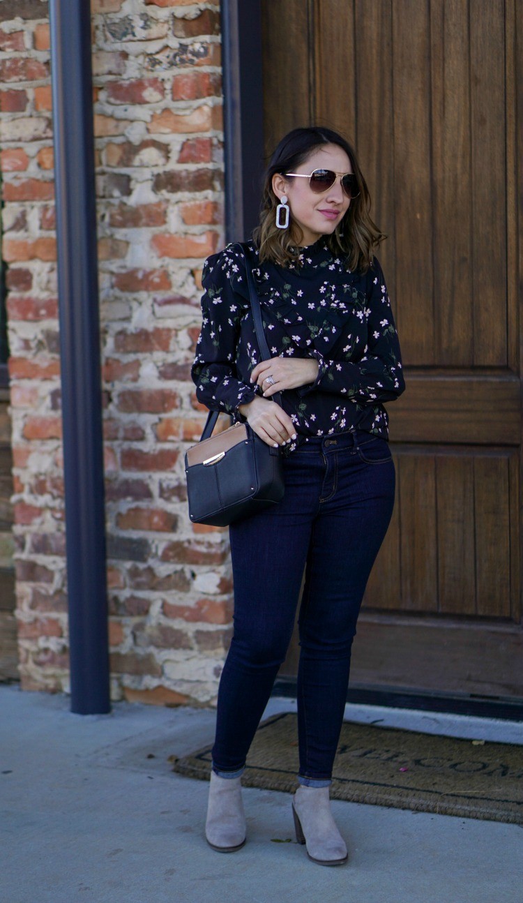 Ann Taylor Floral Blouse, skinny jeans, nude booties and gold sunglasses
