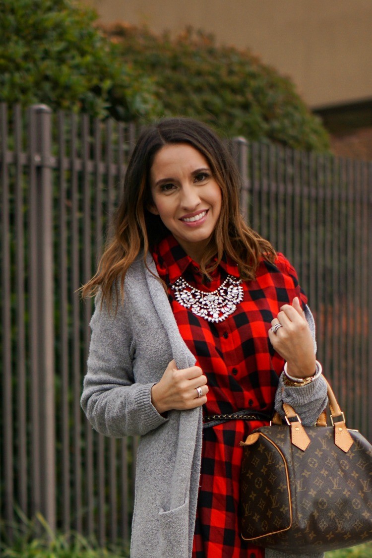 Cardigan, Buffalo Plaid dress and a statement necklace