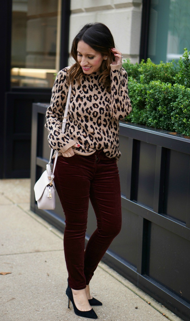 Holiday Ready In Ann Taylor Animal Print Sweater, Velvet Pants, and Heels