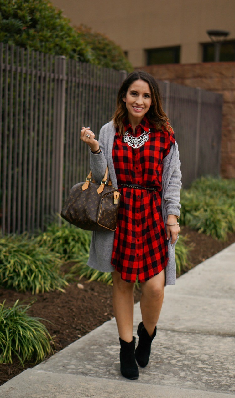 Statement necklace, buffalo plaid dress and booties