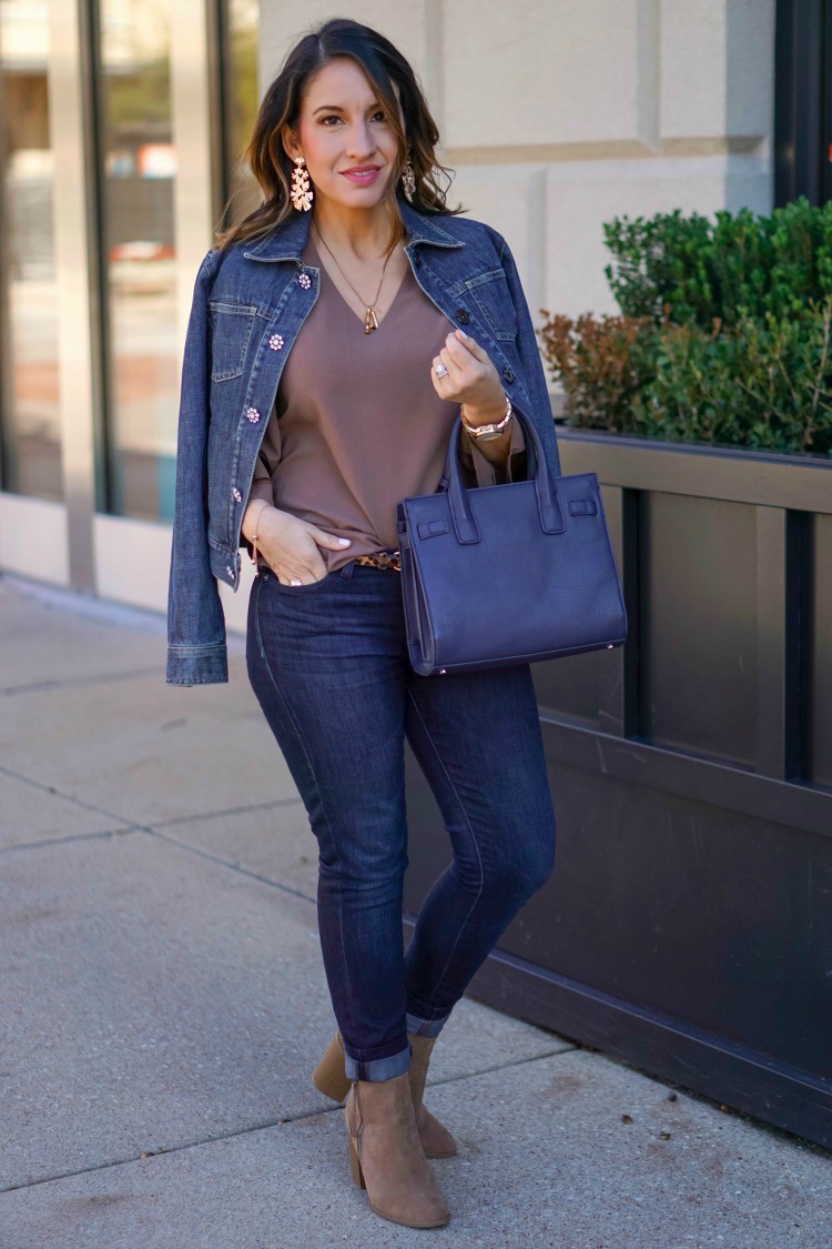 Jean Jacket, Statement Blouse, dark denim, and nude booties