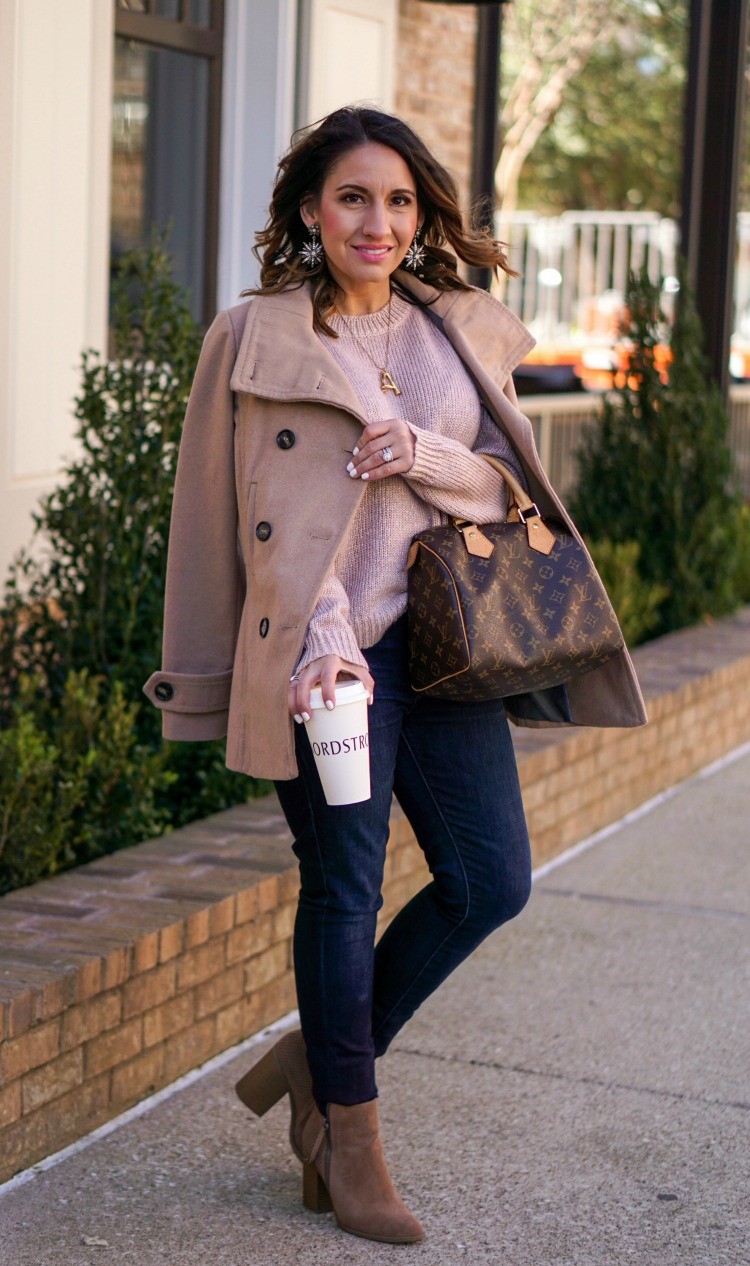 Camel Coat, Blush colored sweater, dark jeans and booties