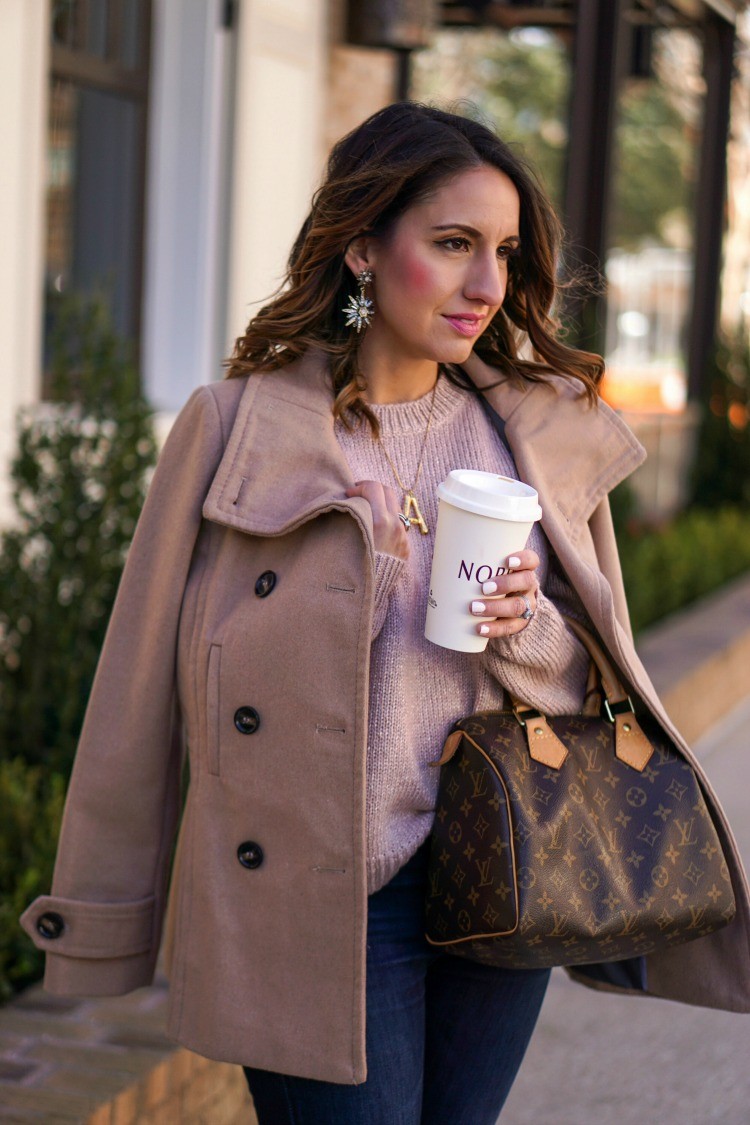 Camel coat, Blush Sweater, Dark Skinny Jeans