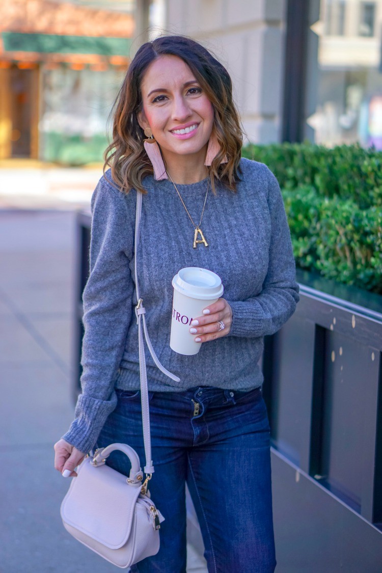 Cute Grey ribbed sweater and statement earrings