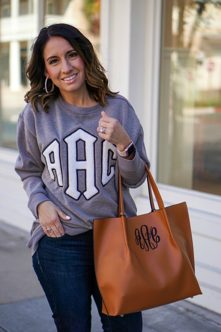 Monogrammed sweatshirt and brown monogrammed tote